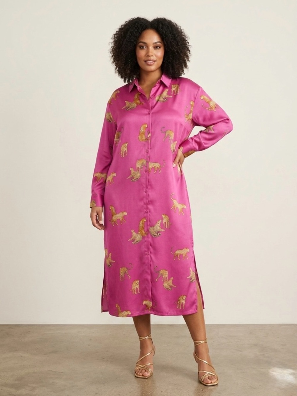 Umgee Hot Pink Satin Leopard Shirt Dress Size 1XL NWT - Picture 3 of 7